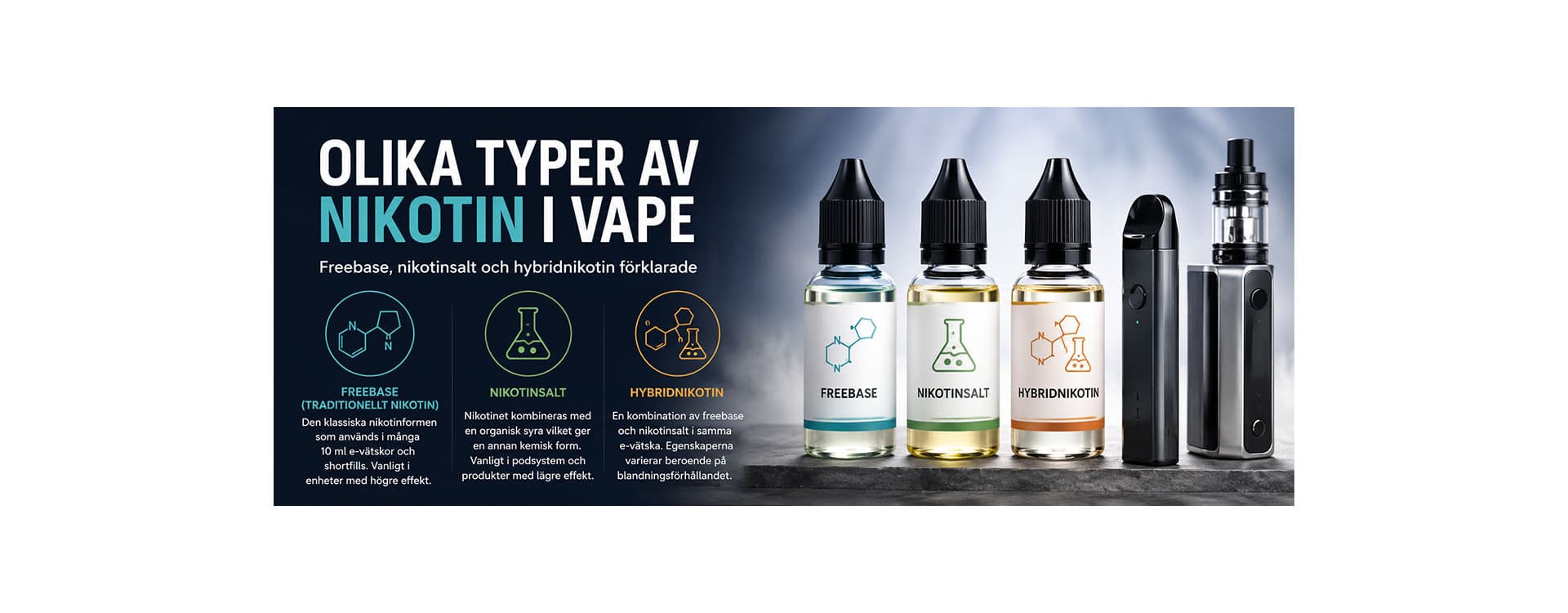 Olika typer av nikotin i vape – freebase, nikotinsalt och hybridnikotin Olika typer av nikotin i vape – freebase, nikotinsalt och hybridnikotin